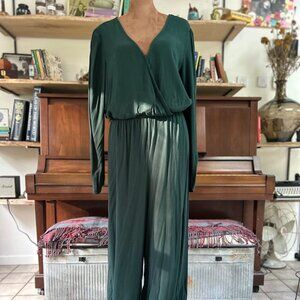New Day Emerald Green Long Sleeve Jumpsuit | Women’s Size M | Wide-Leg Boho Jump